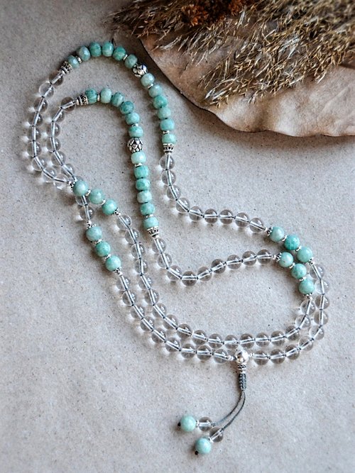 Lotus Sutra Shop Clear Quartz and Russian Amazonite Mala necklace with silver lotus