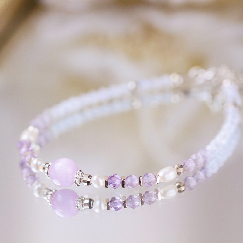 Moonstone Amethyst Kunzite Pearl. Happiness, Popularity and Stress Relief Ultra-Fine Sterling Silver Crystal Bracelet - สร้อยข้อมือ - คริสตัล สีม่วง