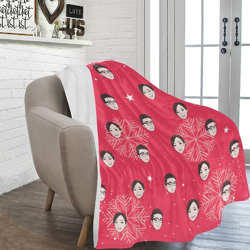 hkgiftforu 【聖誕禮物】客製化毛毯-雪花(紅)款式 插畫個人化定製被子冷氣毯