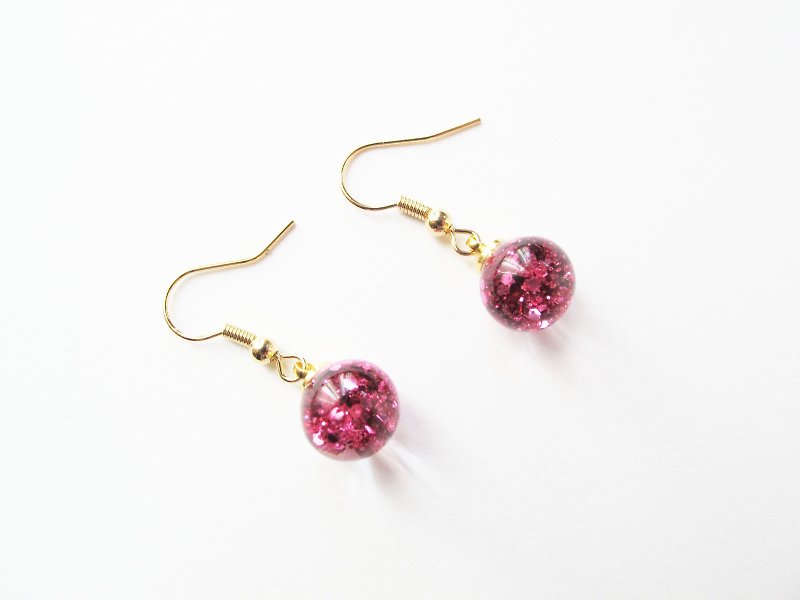 Rosy Garden  Pink glitter water inside glass ball earrings - Earrings & Clip-ons - Glass Pink