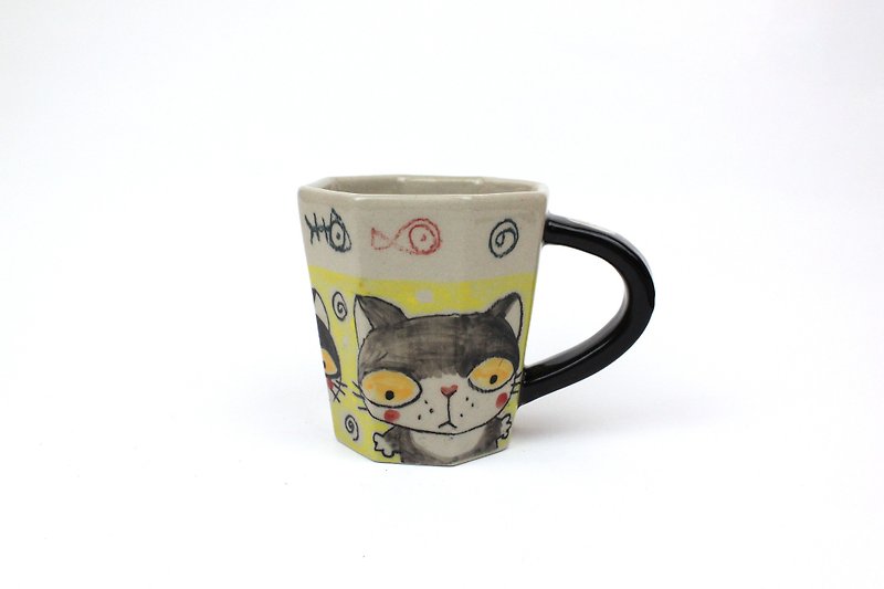 Nice Little Clay octagonal mug cute cat 01063-9 - Mugs - Pottery White