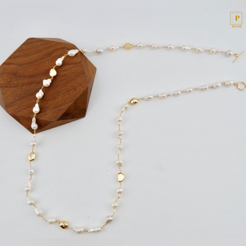 PANNE Small Baroque Pearl Long Necklace - 項鍊 - 其他材質 白色