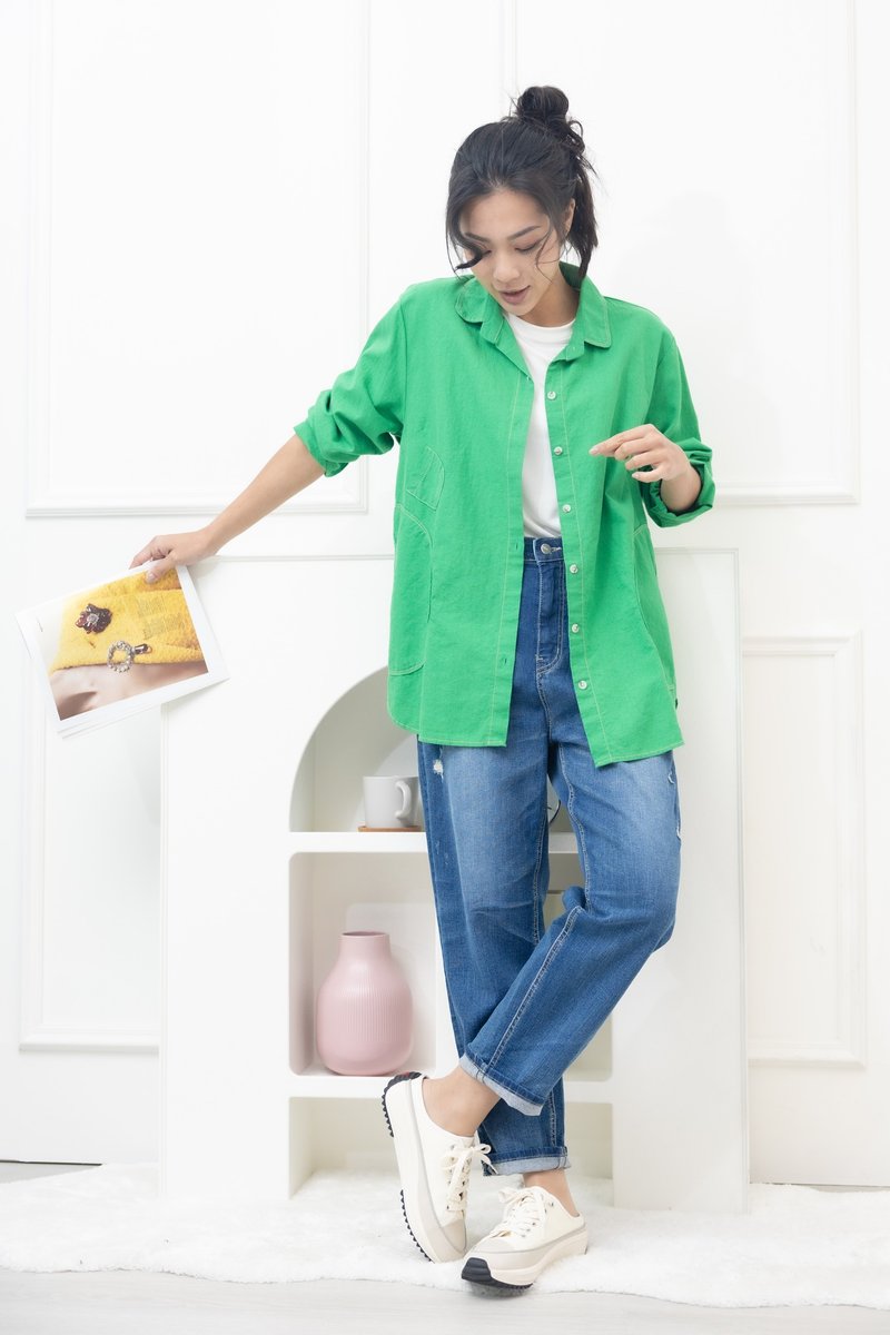 小さな飾りポケット付きコットンシャツ グリーン - シャツ・ブラウス - その他の素材 グリーン
