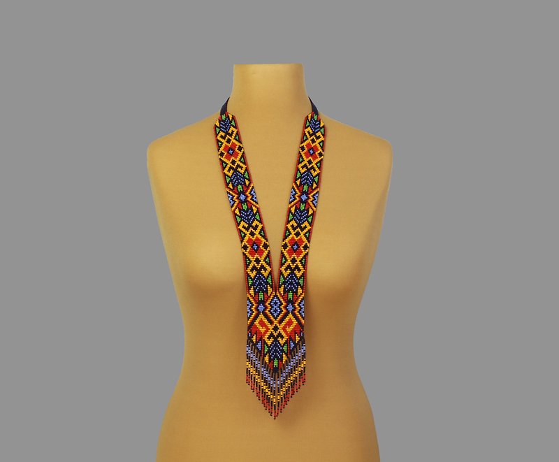 Colorful bead necklace long jewelry with geometric pattern - Necklaces - Glass Multicolor