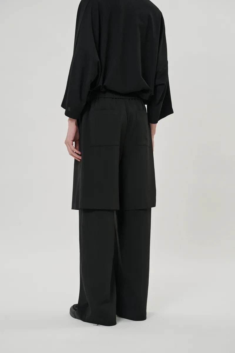 Double layer straight wide pants - กางเกงขายาว - เส้นใยสังเคราะห์ สีดำ