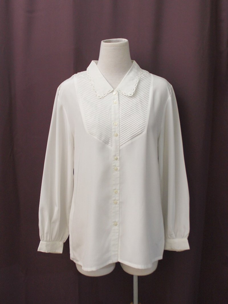 復古日本製典雅幾何剪裁刺繡翻領白色寬鬆長袖古著襯衫 - 恤衫 - 聚酯纖維 白色