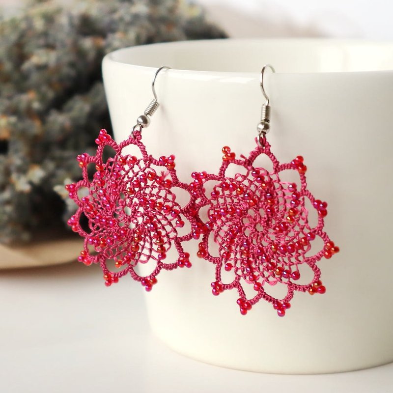 PREMIUM OYA lace Earrings - SPARKLE - Rose Pink