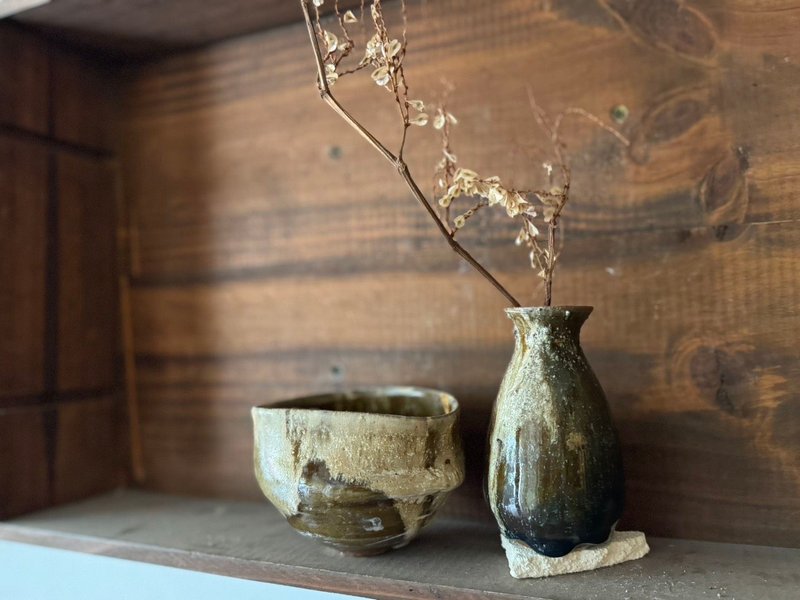 飴釉茶碗花瓶組 - 花瓶/花器 - 陶 咖啡色