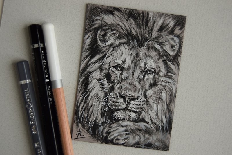ライオン、aceoオリジナル、ミニ絵画、アート、色鉛筆画、野生の猫 - ウォールデコ・壁紙 - 紙 