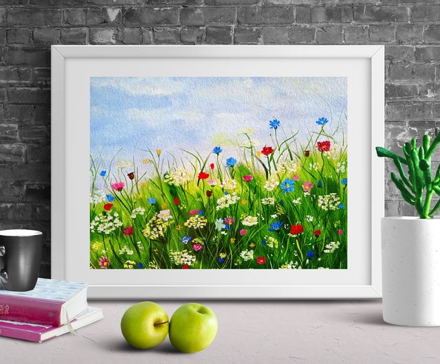 山と野の花の風景原画油絵インパストアート - ショップ