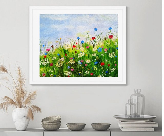 山と野の花の風景原画油絵インパストアート - ショップ