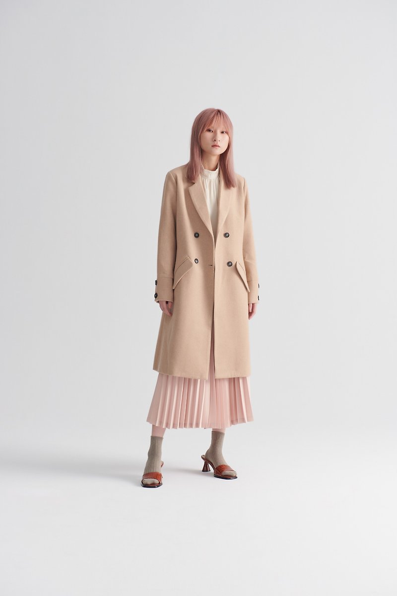 Shan Yong beige over-the-knee wool double-breasted coat