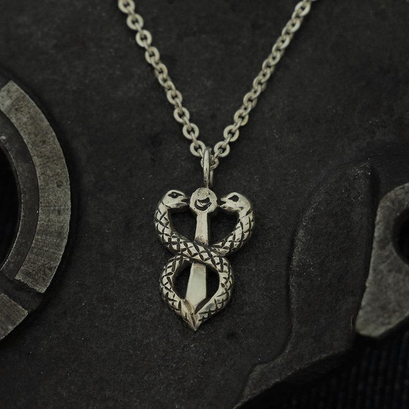 Caduceus Symbol Vintage silver Pendant Necklace handmade tiny gift Satan Snake
