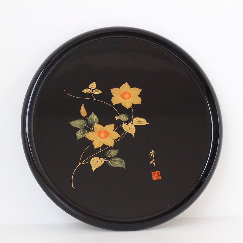 Urushi tray, Obon, Japanese Urushi, floral tray, Aizunuri, vintage Japanese/3858 - Serving Trays & Cutting Boards - Other Materials Black