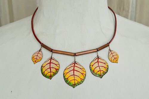 Miska Jewelry, Necklace, Enamel, Statement Necklace, Forest, Enamel Necklace, Bib Necklace, Leaf, Leaves, Enamel Leaf, Enamel Jewelry, Alder Leaf Necklace, Leaf Necklace, Yellow and Green, Beige and Claret,