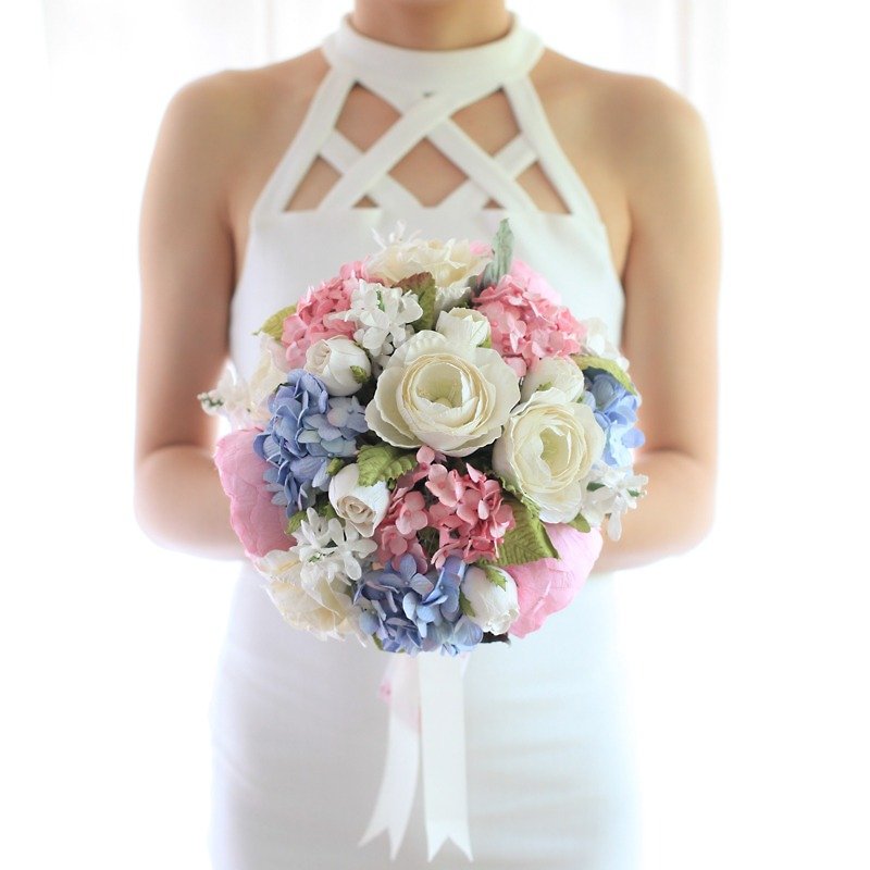 MB314 : Pink Peony Bridal Bouquet Wedding Flower Bouquet Tokyo Blue Size 10.5"x16" - Wood, Bamboo & Paper - Paper Pink