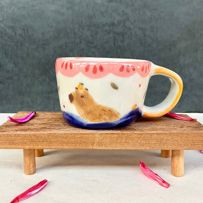 A Lu Capybara Bath Ceramic Cup/Gift Handmade Hand-painted Original Only One Piece - Cups - Pottery Multicolor