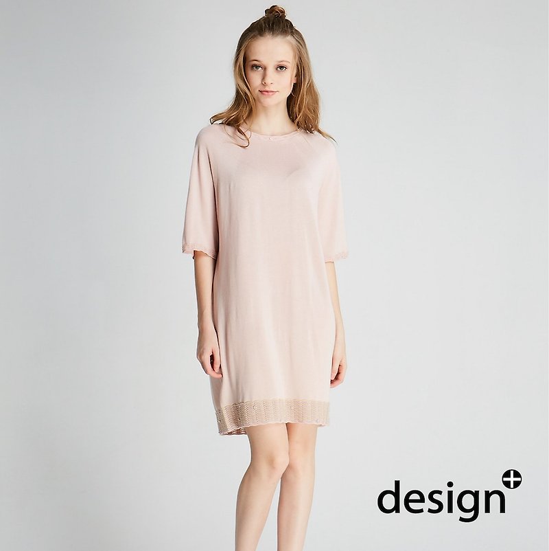 球心圓領針織洋裝(1701KD01PK-F) - 連身裙 - 棉．麻 粉紅色