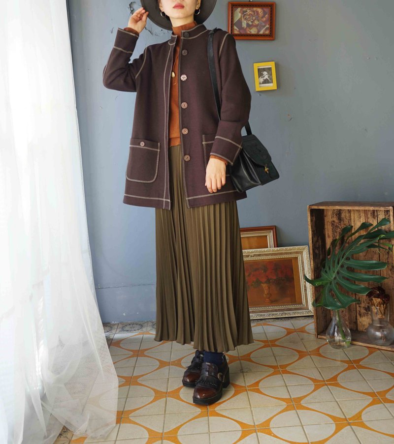 Treasure Hunt Vintage - Dark Brown White Trim Stand Collar Long Wool Jacket - เสื้อแจ็คเก็ต - ขนแกะ สีนำ้ตาล