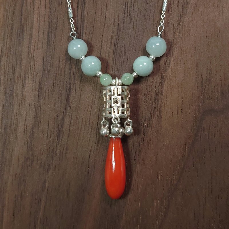 Pendant, Necklace, AKA Red Coral, Jade, Agate, Sterling Silver, Handmade Jewelry - Necklaces - Gemstone 