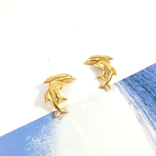 BOITE LAQUE Vintage Half Moon Gold Dolphin Twins Clip On Earrings