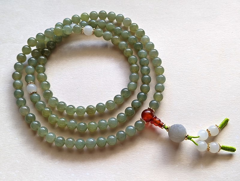 ORLI Jewelry Natural Hetian jade Qingshui sapphire 108 rosary beads Hetian jade Buddha beads carved flower beads - Necklaces - Jade Green