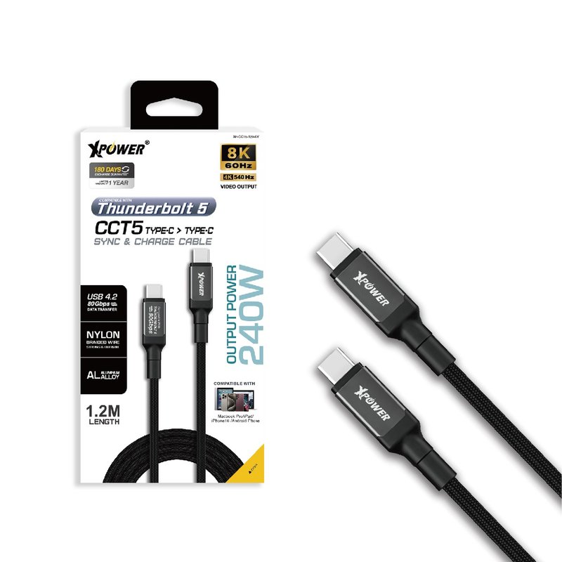 XPower CCT5 1.2M 鋁合金Thunderbolt 5 240W C to C充電線 - 行動電源/充電線 - 其他金屬 黑色