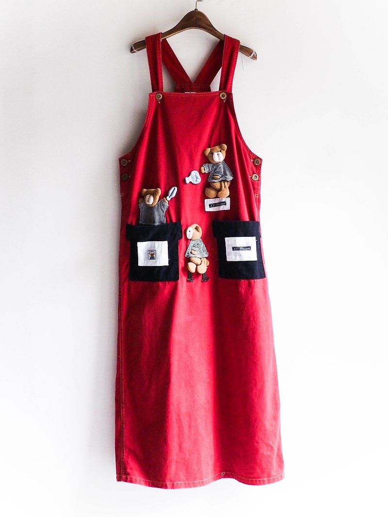 River Hill - intense red fireworks puppet Playground antique-piece denim dress sling overalls oversize vintage - กระโปรง - ผ้าฝ้าย/ผ้าลินิน สีแดง