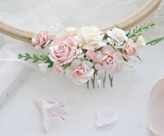 Blush Rose Bridal Hair Comb - Blush Wedding Comb - authentic Greenery Hair Comb - Blue Floral Comb - Something Blue - Blush Flower Hair Comb