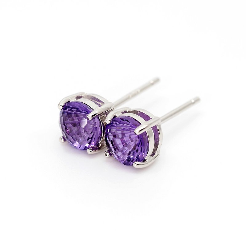 純銀 耳環/耳夾 紫色 - Amethyst Concave Ear Stud Earrings - Rhodium 925 Sterling Silver - 6mm round