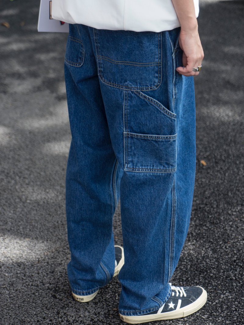 Denim Pants 復古洗水寬鬆直筒多口袋工裝牛仔褲 美式Vintage男 - 男長褲/休閒褲 - 棉．麻 藍色