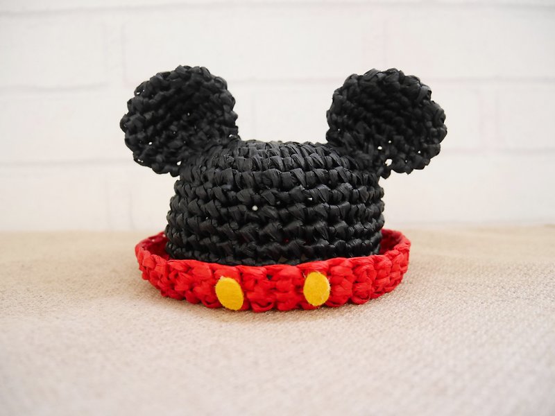 【MOKA】 woven straw hat Mickey style pet accessories - Other - Cotton & Hemp Black