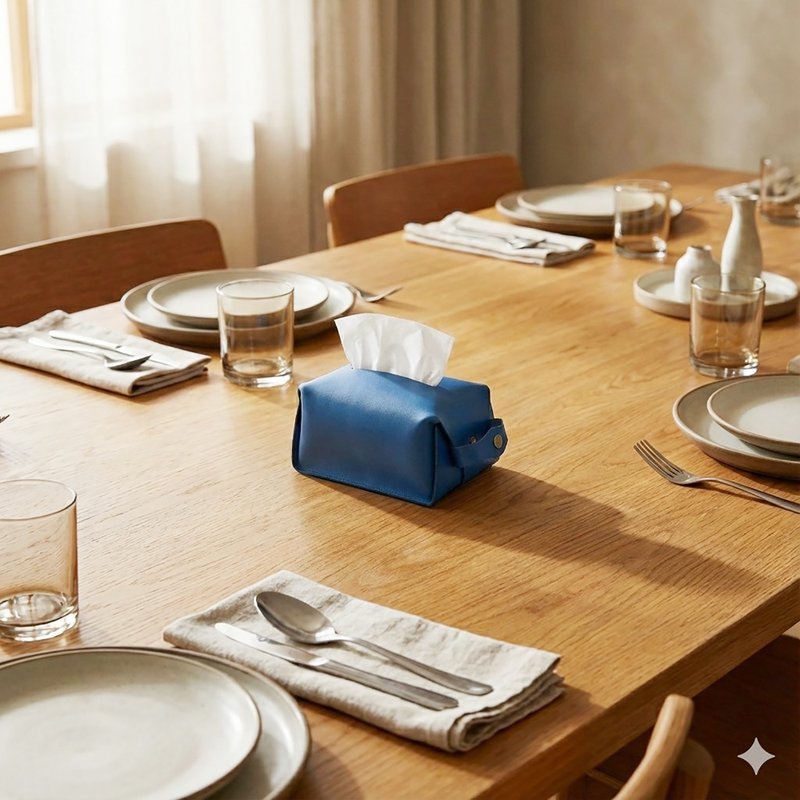 植物タンニン鞣し革ティッシュカバー_Sサイズ_置き型・吊り下げ兼用_デニムブルー - ティッシュボックス - 革 ブルー