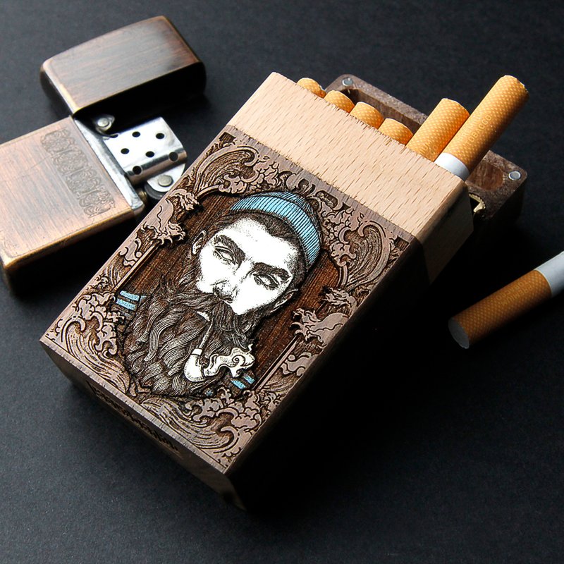 Admiral -  Cigarette case laser engraved + hand painting, 10 slot cigarette - อื่นๆ - ไม้ สีนำ้ตาล