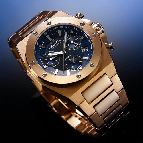 TW Steel Watches 下單即贈品牌籃球 CEO TECH系列 玫瑰金鏈帶藍面計時碼錶