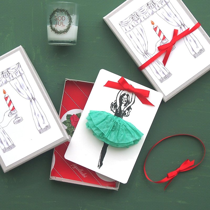 紙 卡片/明信片 綠色 - Ballerina card Christmas box