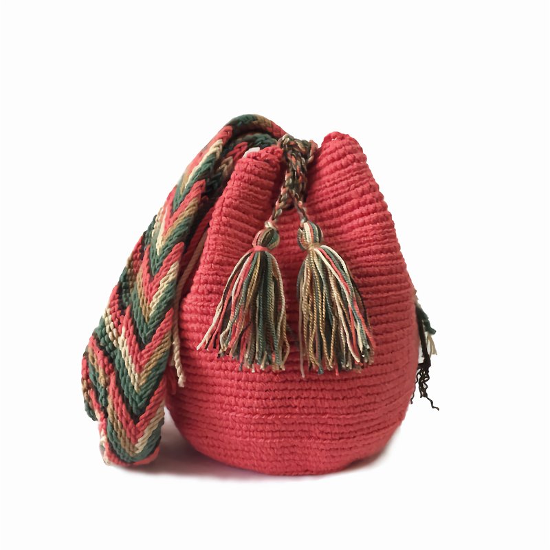 Wayuu Bag 瓦尤包(S)/哥倫比亞純手工/每款只有一個-【晨間山茶】 - 側背包/斜孭袋 - 棉．麻 紅色