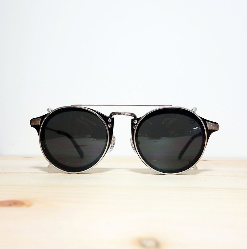 [Head] Japanese firms eye gold plate retro round frame sunglasses + tri-color polarized clip 39g - กรอบแว่นตา - วัสดุอื่นๆ สีดำ