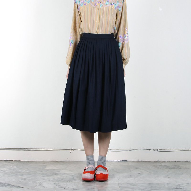 [Egg plant ancient] night blue ancient pleated wool skirt - Skirts - Wool Black