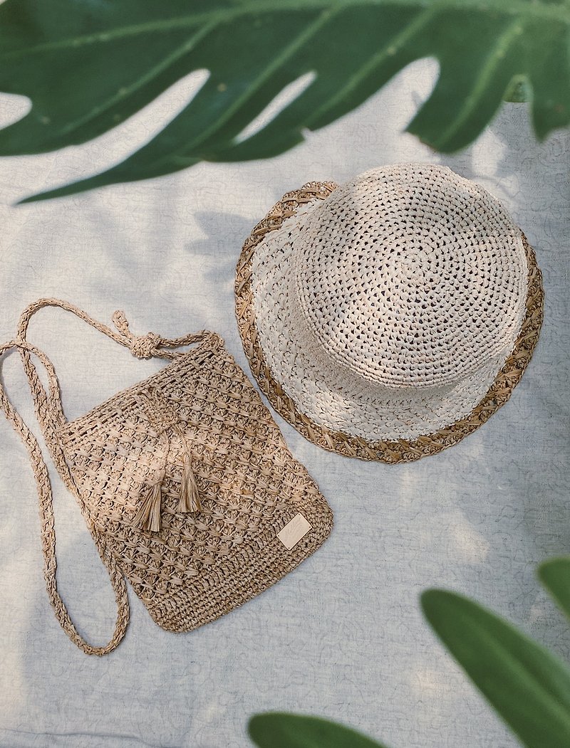 棉．麻 側背包/斜背包 白色 - 夏天的編織流蘇及雙色帽 組合賣場