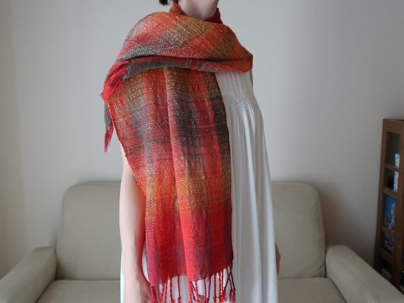 Handwoven Stole  Cotton Silk   Autumn Leaves  Tapestry  Gift   Shawl (M)17 - Scarves - Cotton & Hemp Red