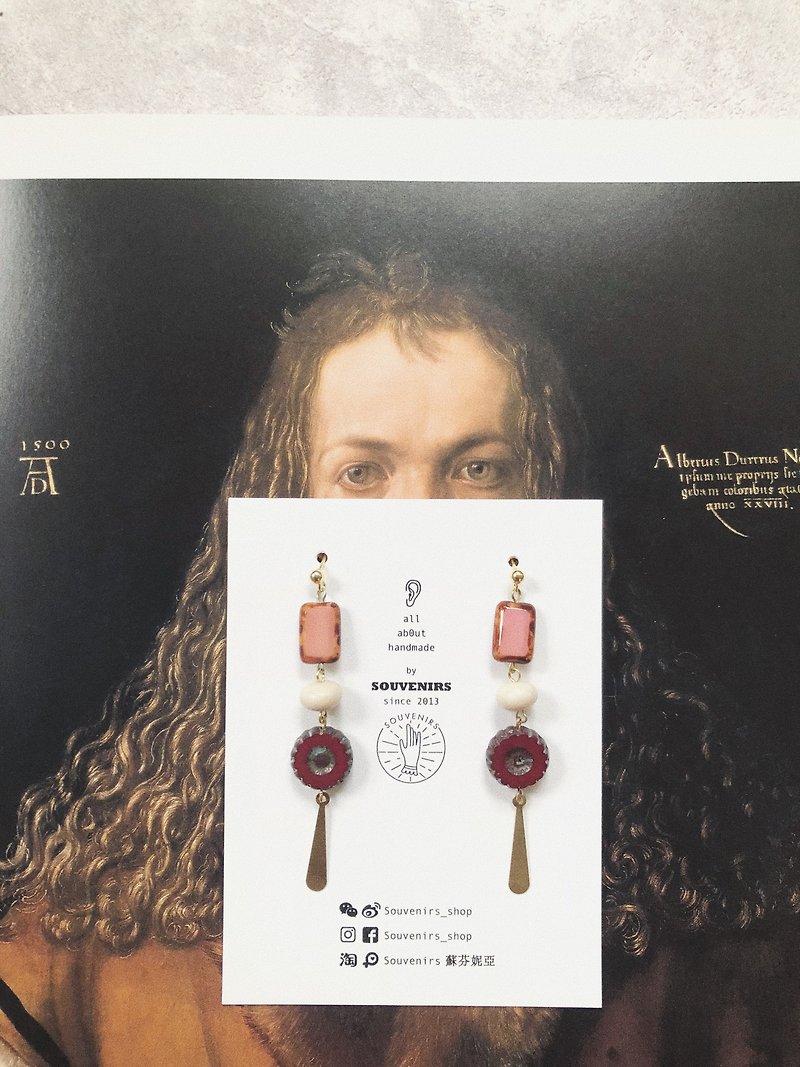 |Souvenirs|超氣質復古粉色系做舊珠子條型黃銅耳釘 - 耳環/耳夾 - 其他材質 