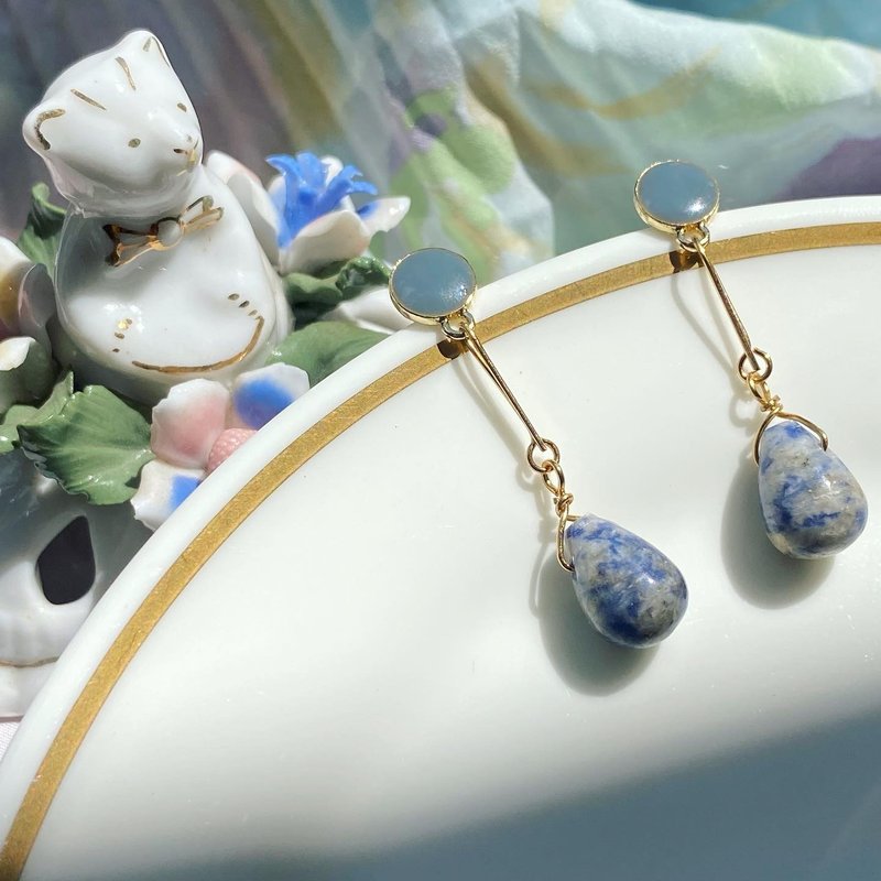 【Lost and find】天然石 藍紋玉 水滴 耳環 - 耳環/耳夾/耳骨夾 - 寶石 藍色