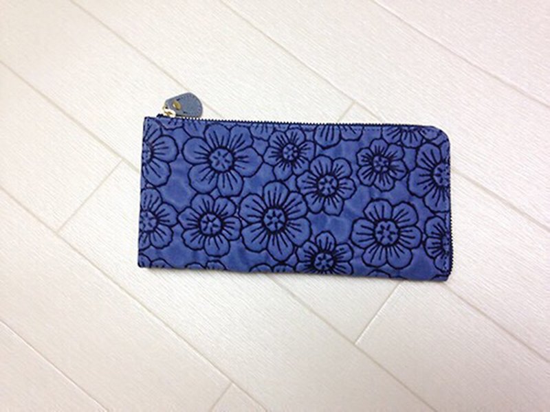 Long wallet leather wallet soft leather flower flower pink L fastener slim soft - Wallets - Genuine Leather Blue