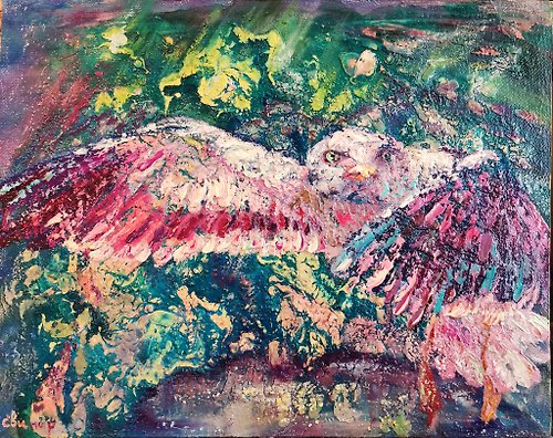 Original oil painting artist Svinar Oksana Seagull Bird Painting Art Oil Original Impasto Northern Aurora Borealis Svinar