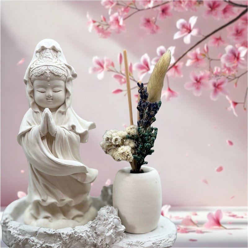 開運 送禮 藝術香氛擺件 淨念吉祥 觀音33 合掌觀音 豪華田園盤 - 香氛/精油/擴香 - 水泥 白色