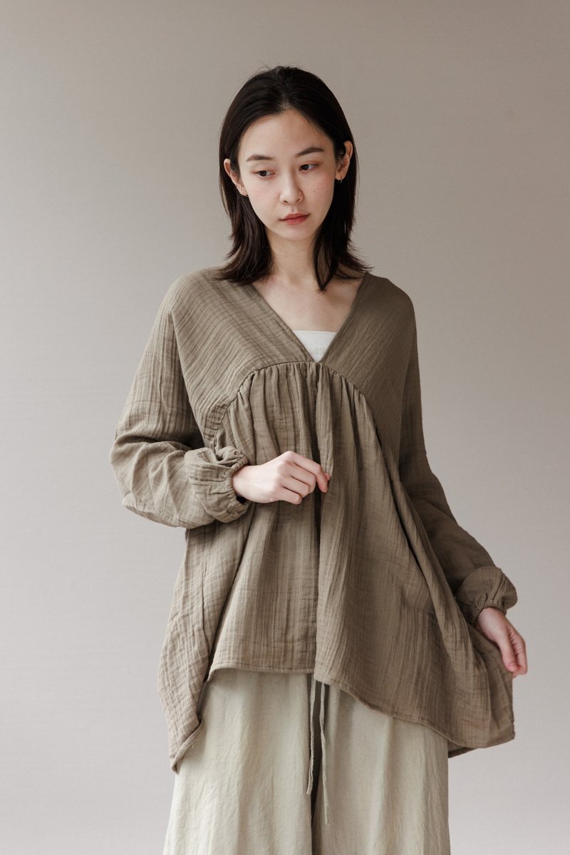 前後v綁帶長袖長上衣_綠咖 - 女上衣/長袖上衣 - 棉．麻 咖啡色