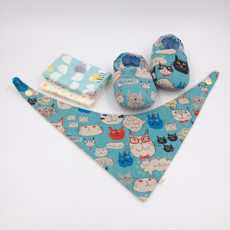 ペイントされた子猫-月のベビーギフトボックス（幼児靴/ベビーシューズ/ベビーシューズ+2ハンカチ+スカーフ） - 出産祝い用贈物 - コットン・麻 ブルー