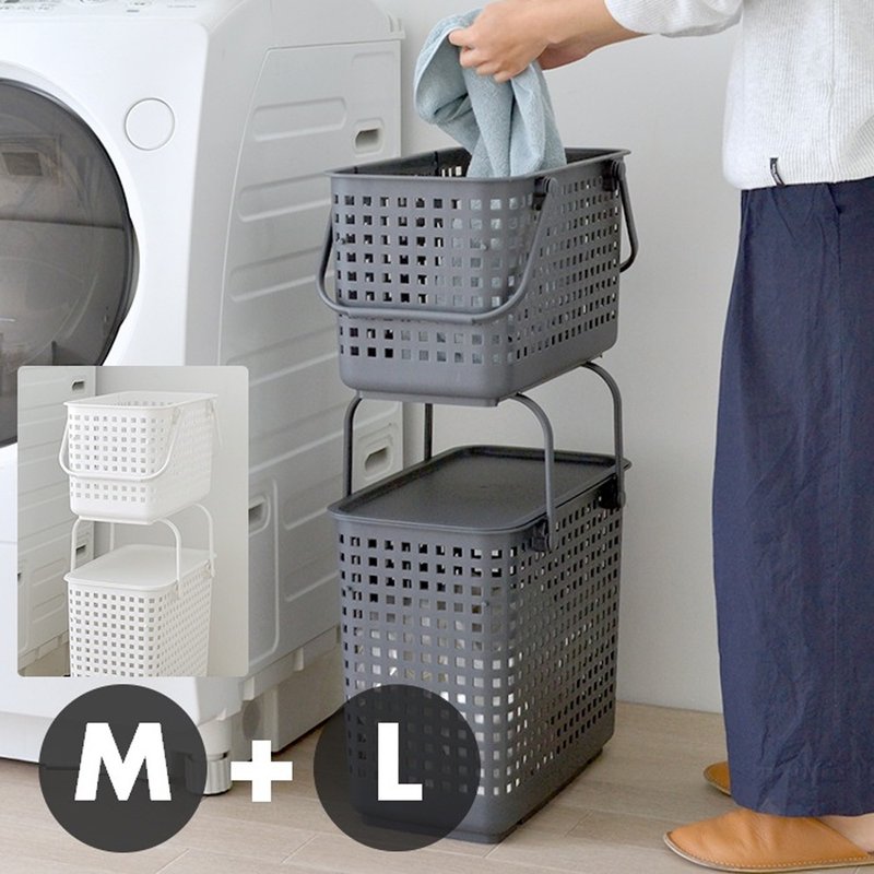 Japanese Like-it narrow multifunctional stackable laundry basket two-layer set M+L (excluding wheels and lid) - อุปกรณ์ห้องน้ำ - พลาสติก ขาว