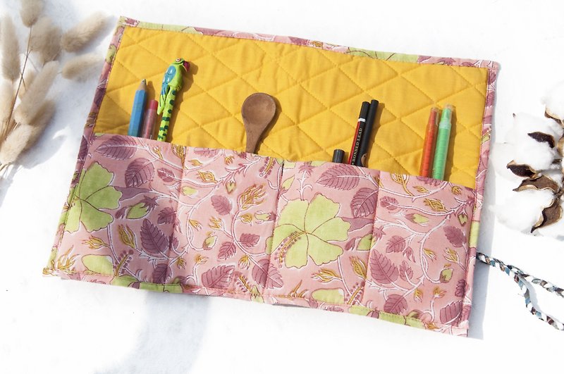 Woodcut Printing Roll Pencil Case/Tableware Bag/Spring Roll Pencil Case/Cosmetic Bag/Makeup Pencil Case-Woodcut Printing Hibiscus